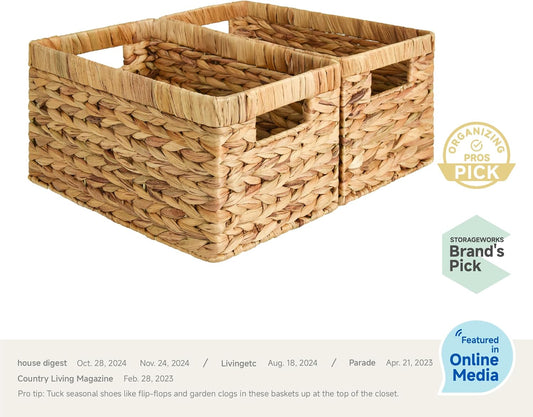 Wicker Storage Baskets for Shelves, Large Shelf Baskets with Handles, Rectangular Wicker Storage Boxes, Woven Basket for Organising Pantry Bathroom, Natural Water Hyacinth, 2-Pack