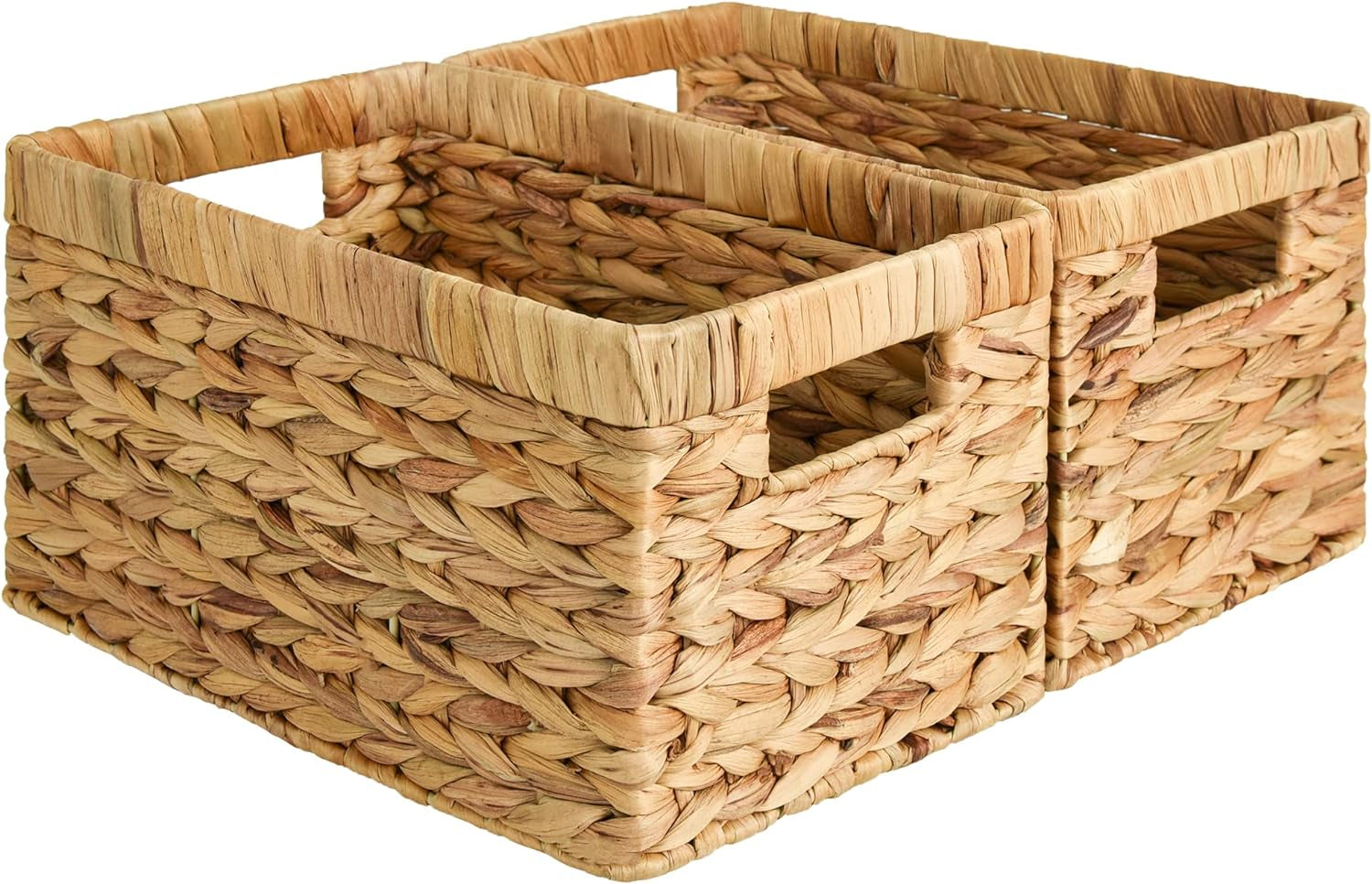 Wicker Storage Baskets for Shelves, Large Shelf Baskets with Handles, Rectangular Wicker Storage Boxes, Woven Basket for Organising Pantry Bathroom, Natural Water Hyacinth, 2-Pack