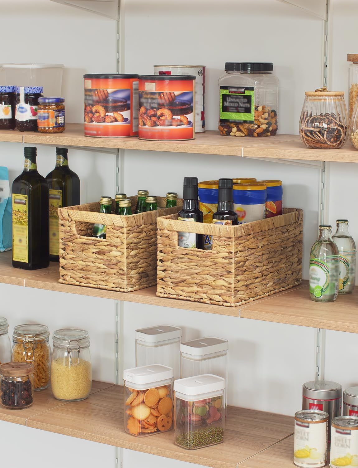 Wicker Storage Baskets for Shelves, Large Shelf Baskets with Handles, Rectangular Wicker Storage Boxes, Woven Basket for Organising Pantry Bathroom, Natural Water Hyacinth, 2-Pack